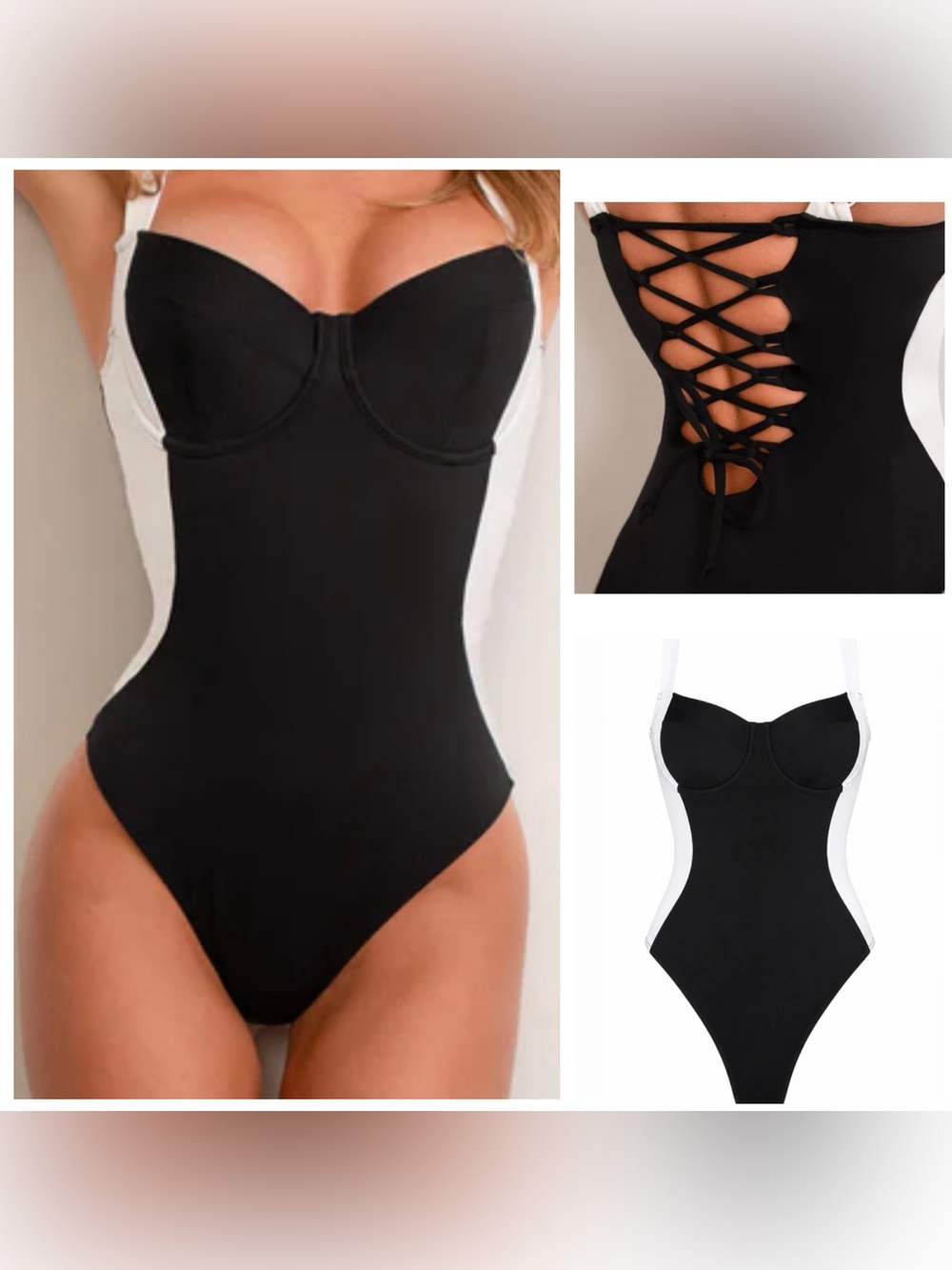 Black White Lace Up cross back shape-wear One-Piece Swimsuit New M high cut sexy